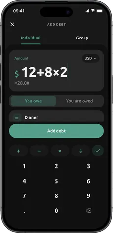 Dibs add debt page with a calculator keypad and the amount first