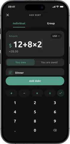 Dibs add debt page with Individual and Group tabs and a calculator keypad