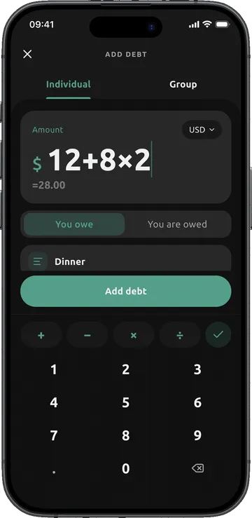 Dibs add debt page with 12+8×2 typed on the calculator keypad