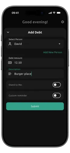 Dibs add debt screen with name, amount, note, and reminder fields