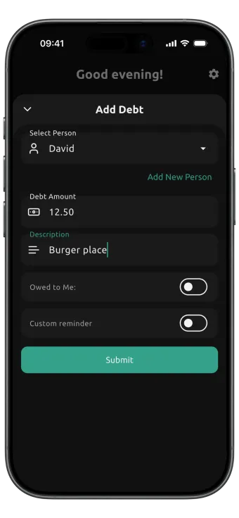 Add debt screen in the Dibs app
