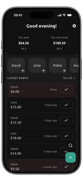Dibs dashboard showing personal IOU totals