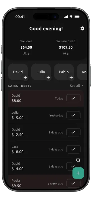 Dibs app dashboard showing total amounts owed and owed to you