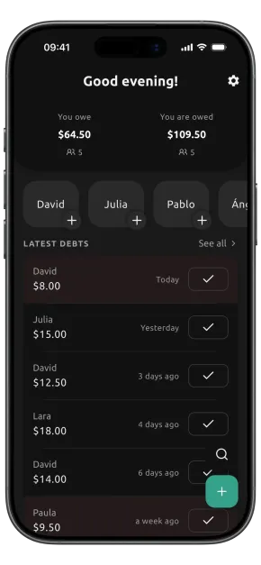 Dibs dashboard showing what you owe and what others owe you