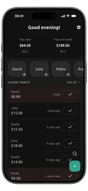 Dibs dashboard showing total money owed and owed to you