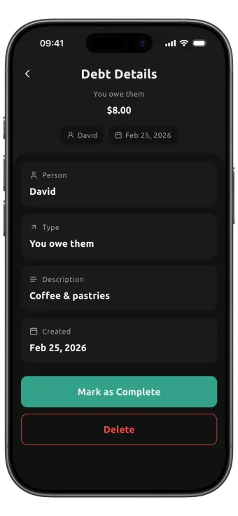 Debt details screen in the Dibs app