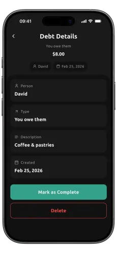 Dibs debt details screen showing what an IOU was for