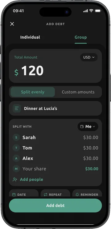 Dibs group split: $120 dinner split evenly between Sarah, Tom, Alex and you