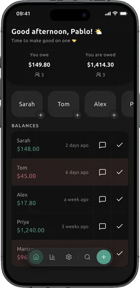 Dibs dashboard showing personal IOU totals