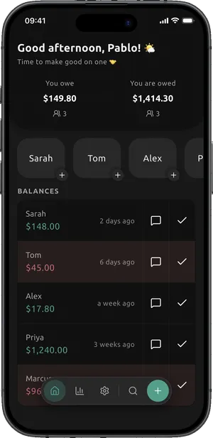 Dibs dashboard showing total money owed and owed to you
