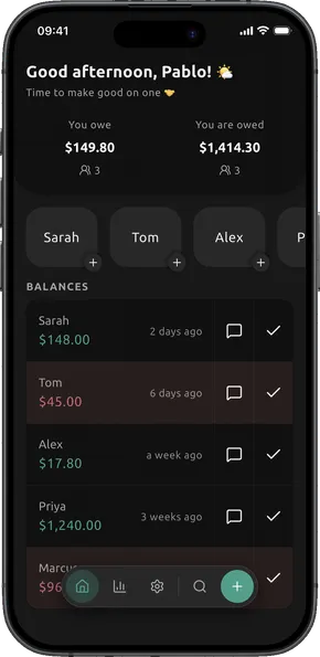 Dibs dashboard showing what you owe and what others owe you