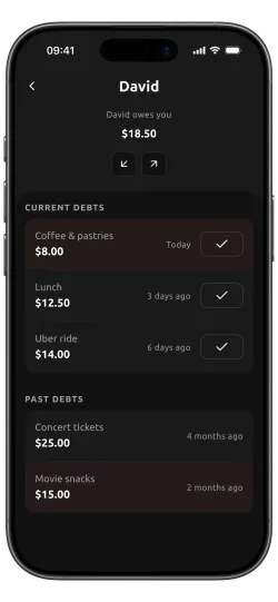 Dibs person view showing who owes who money