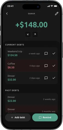 Dibs person page with the balance first and each open debt below