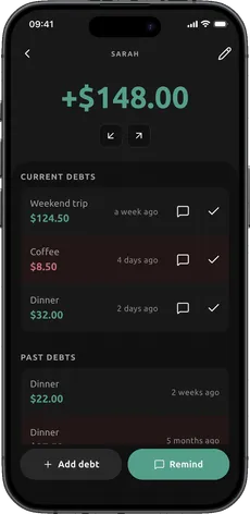 Dibs person page showing the balance and what each debt was for