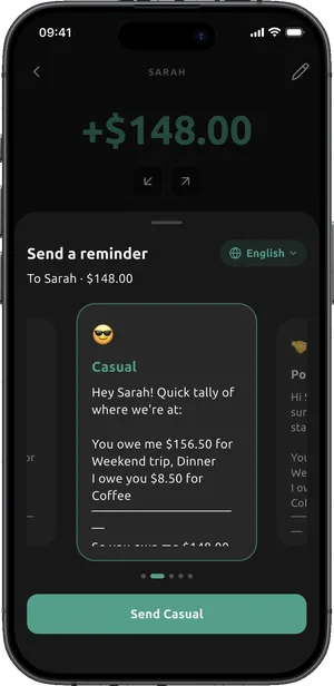 Dibs reminder carousel showing the Casual message style in English