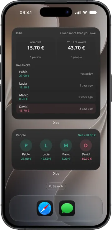 iPhone Home Screen with Dibs Balance and People widgets